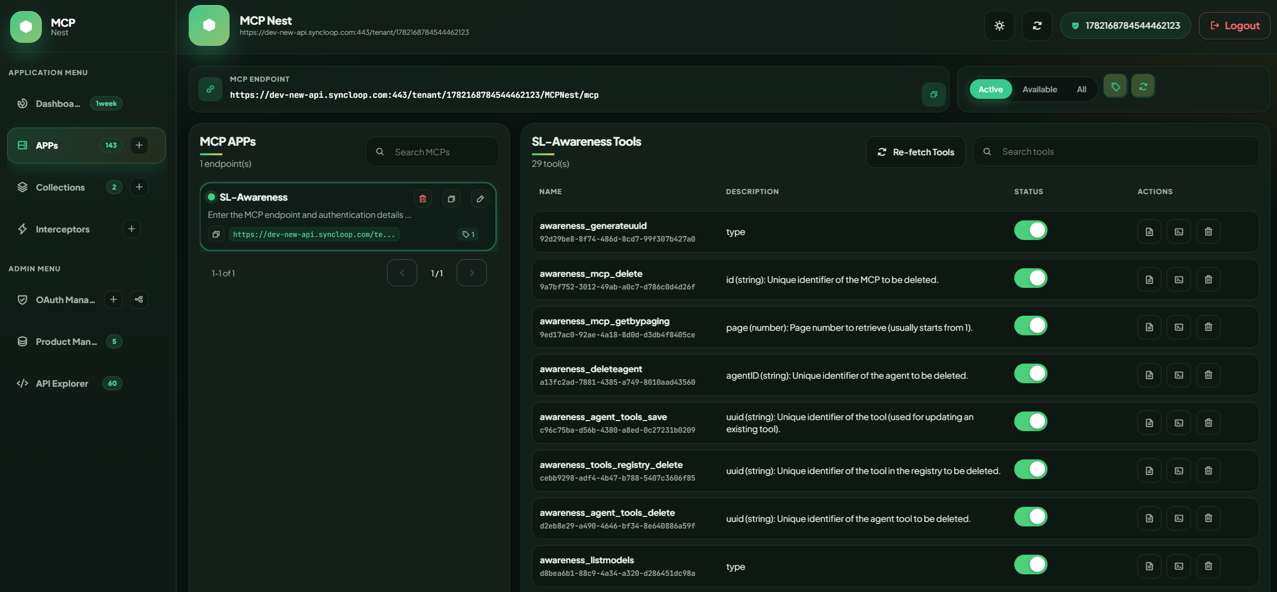 MCPNest APPs screen listing endpoint tools and tool actions