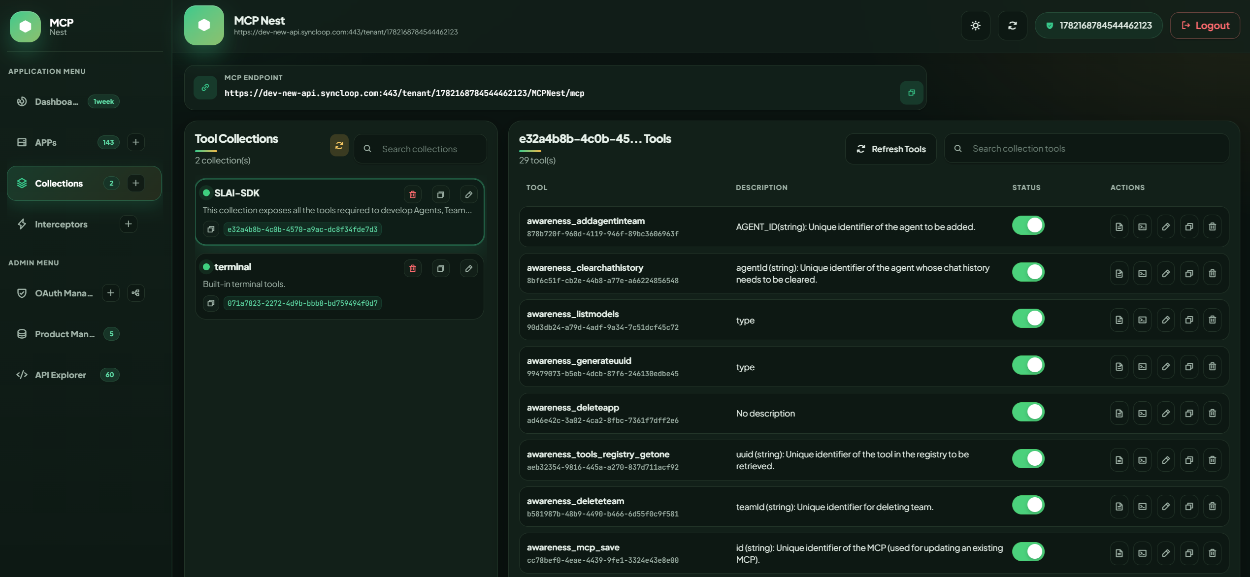 MCPNest collection tools screen with selected collection and tool mappings