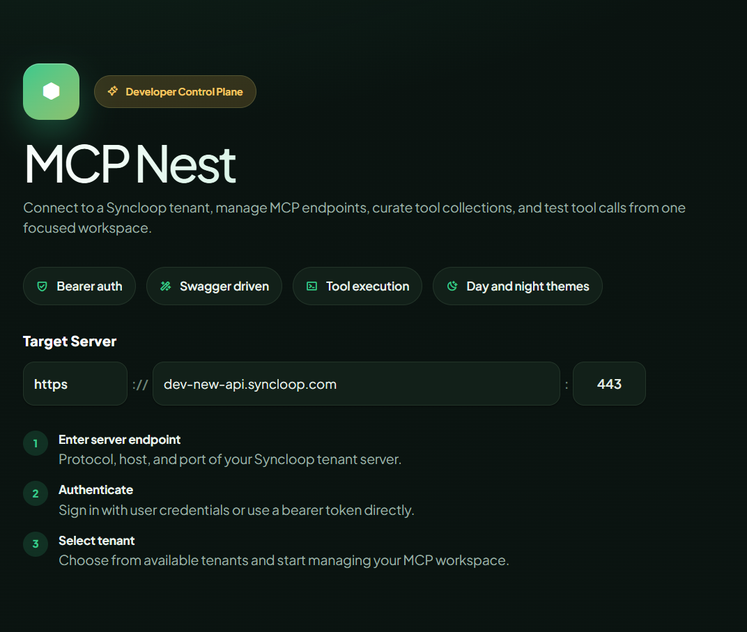 MCPNest login screen with API server endpoint configuration